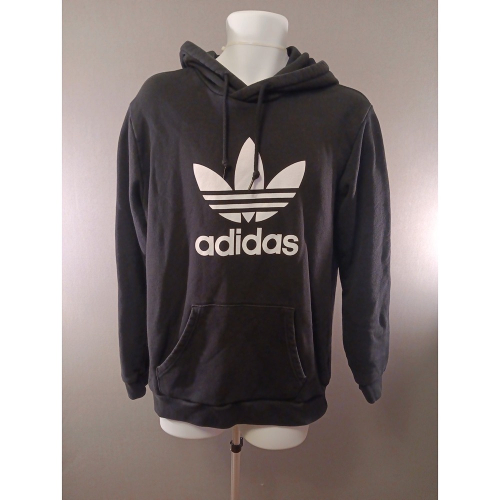 Adidas Cotton Hoodie Size M Men Black‎ Spellout 3 Stripes Trefoil Pullover Y2K